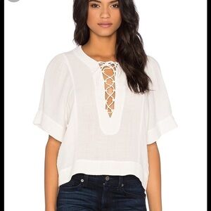 7 For All Mankind Womens Short Sleeve Lace Up  Flutter Top White XS Peasant